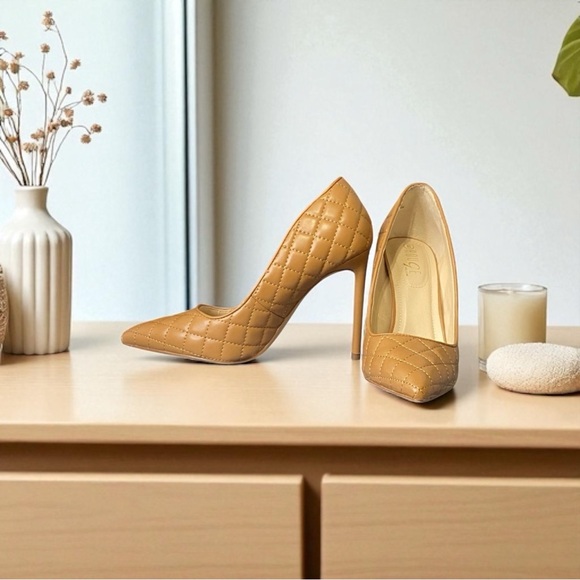 Shoes - Cognac tan beige light brown quilted classic pointy toe stiletto pump heels